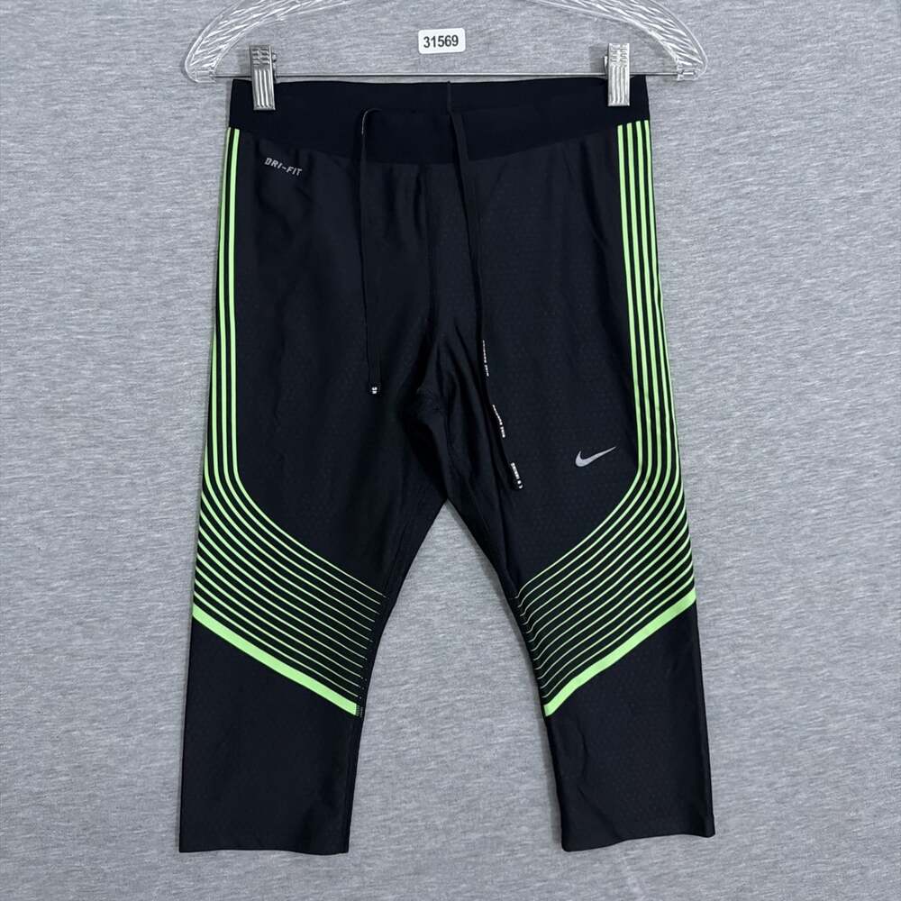 Nike Mens Size Medium Dri-Fit Power Speed Running Tights Black Volt Green Capri